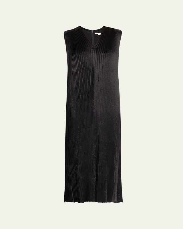Pleated Satin Laser-Cut Trapeze Dress